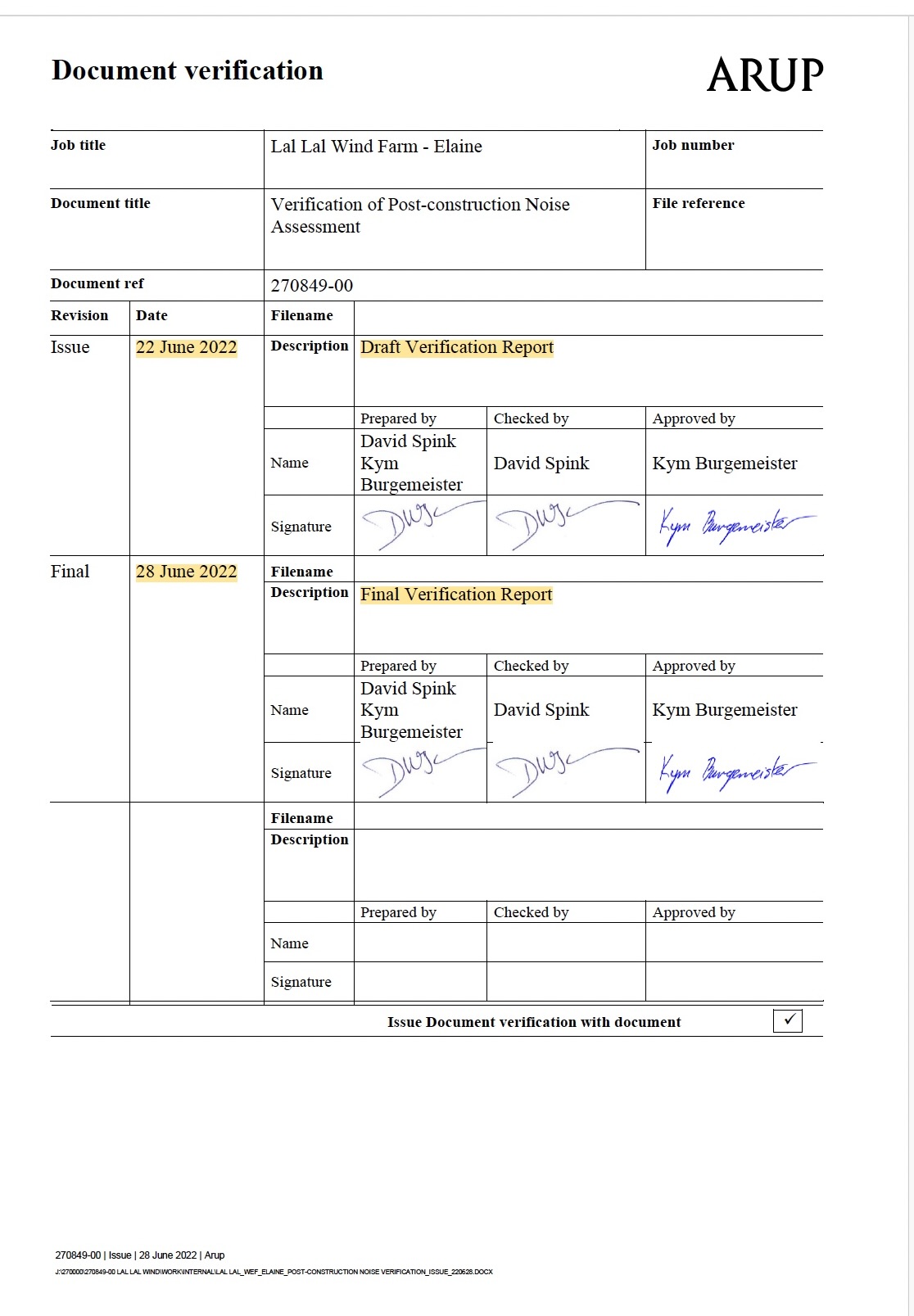 ARUP Elaine document verification sheet recording Draft Verification Report dated 22 June 2022 and Final Verification Report dated 28 June 2022