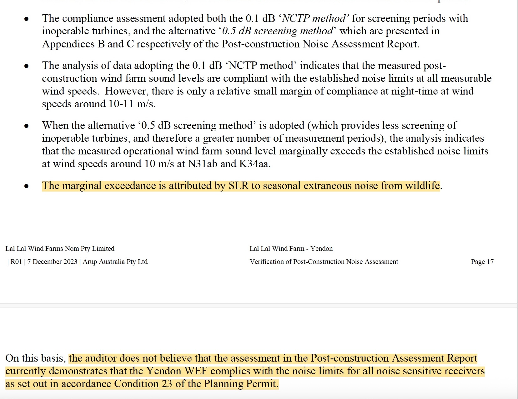 ARUP Yendon verification extract dated 7 December 2023 recording marginal exceedances and the auditor's compliance position